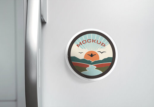Circular Sticker Mockup on Refrigerator Door &ndash; Blank Label on Fridge