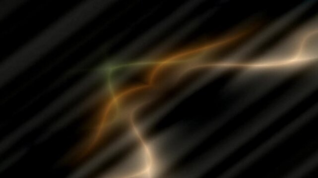 Abstract image with wavy green and orange light streaks over dark background
