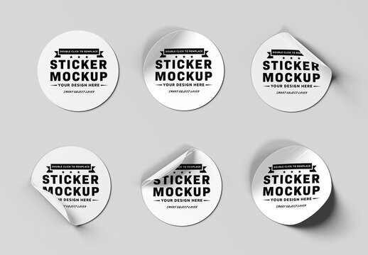 Set Of 6 Isolated Rounded Stickers Mockup