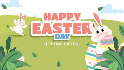 Obraz premium Happy Easter Celebration Background with Bunny and Leaves