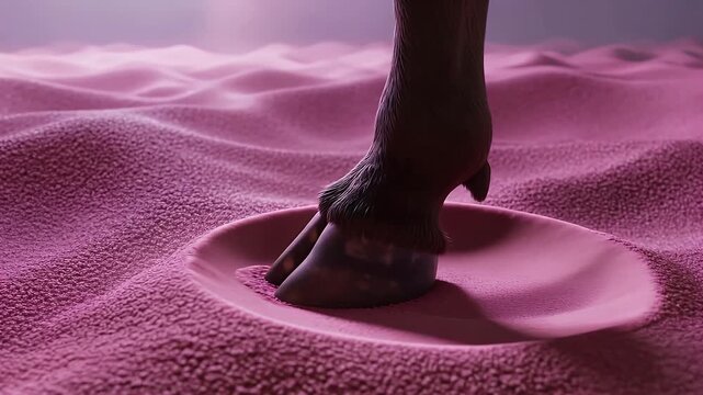 Cloven Hoof Slowly Sinking and Lifting from Pink Textured Sand Dune