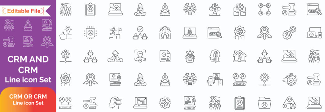 Customer Relationship Management Icon set. CRM icon set. Containing marketing, data, report, strategy, audience, manager, and more. Outline Icon Collection. Vector illustration. Editable stroke