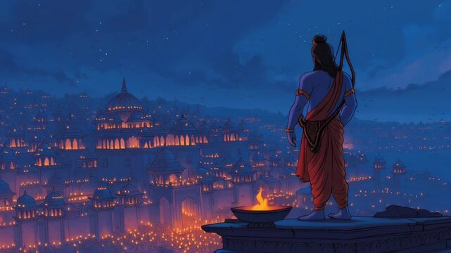 Illustration of Lord Rama overlooking the ancient city of Ayodhya during Ram Navami celebrations  featuring traditional architecture and glowing lights at dusk