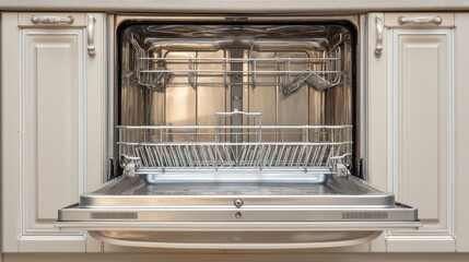 An open stainless steel dishwasher reveals its gleaming interior, featuring spacious racks in a well-designed kitchen. This sleek appliance promises efficiency and elegance for daily chores