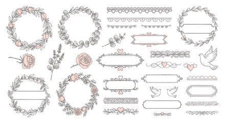 Floral wedding label and banner vector set, with pink roses and leaves, for invitation or greeting card, Isolated on transparent background, png