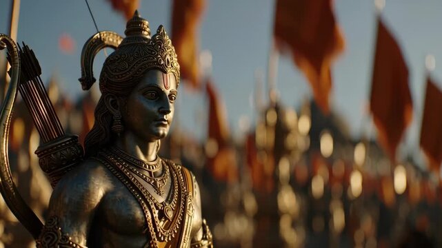 Detailed bronze statue of Lord Rama with traditional attire and weapons  set against a backdrop of flags and a festive atmosphere during Ram Navami celebrations