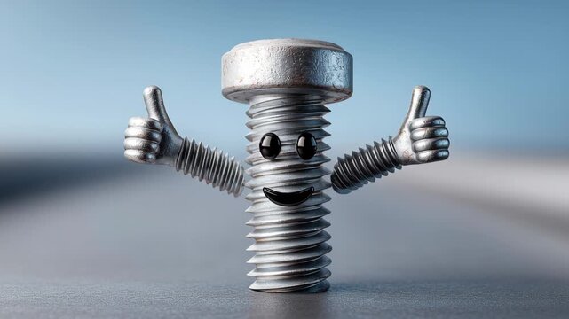 Happy cartoon bolt character with thumbs up gestures, showcasing a playful expression, positioned on a smooth surface with a blurred background emphasizing its cheerful demeanor