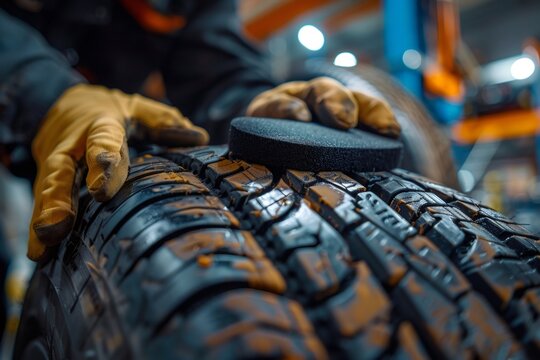 tire repair operations, auto technician fixing a punctured tire by applying a rubber patch inside a dismounted tire in a shop, using a buffer, glue, and roller