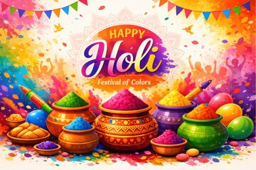 Fototapeta premium Colorful Holi festival scene with powder in traditional bowls, sweets, balloons, people and celebration banner
