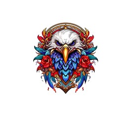 Tattoo Vorlage Adler Kopf mit Blumen und Ornamenten Farbe