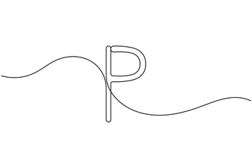 Obraz premium Parking sign icon continuous one line drawing on white background minimalist car park P symbol outline vector illustration