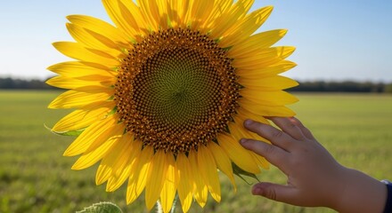 Child's hand touching a vibrant yellow sunflower in a field. Summer bloom with green background and blue sky. Copy space
