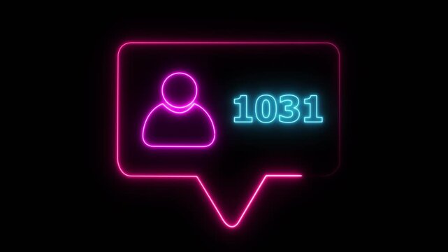 a glowing neon social media follower notification icon. The speech bubble outline glows in orange, featuring a blue neon user icon on the left and bold pink neon text reading "2000"4k video