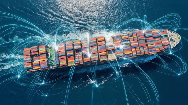 Aerial view of large container ship sailing in ocean with digital network connections representing global shipping logistics