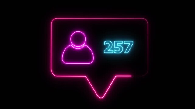 a glowing neon social media follower notification icon. The speech bubble outline glows in orange, featuring a blue neon user icon on the left and bold pink neon text reading "500" 4k