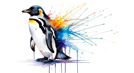 A colorful penguin with vibrant paint splashes on transparent background