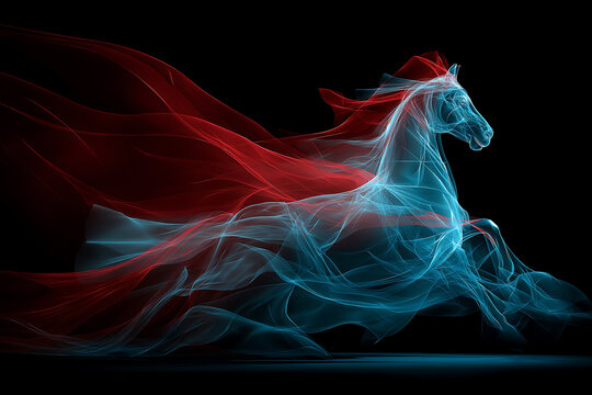 A glowing blue horse with a flowing red cape runs through a dark space with vibrant energy lines.
