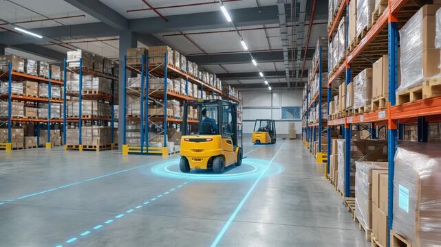 Automated forklift trucks navigating modern warehouse with smart technology and organized inventory management