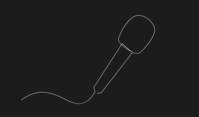 Continuous line art drawing of a microphone with a wavy cable on a black background