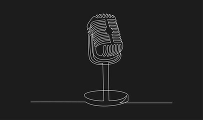 Continuous Line Drawing of a Vintage Microphone on a Stand against a Black Background