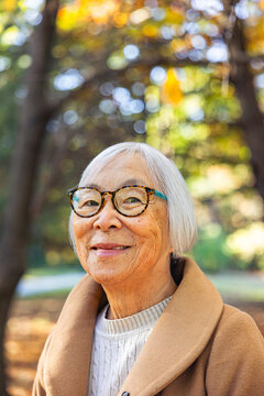Smiling senior asian woman looking at camera in a natural setting