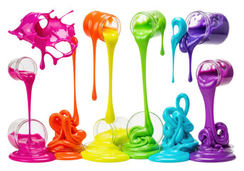 ultra-detailed macro of glossy, iridescent polymer gel (slime) in a vibrant rainbow gradient, captured mid-flow with laboratory glassware against a white background concept for textural advertising