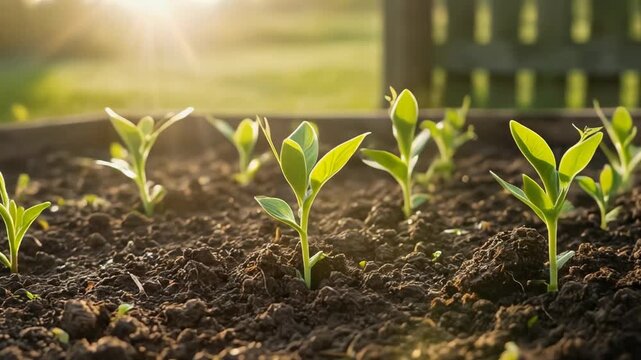 Young green seedlings growing in rich soil with morning sunlight in a garden bed