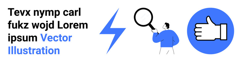 Obraz premium Research, evaluation, feedback, approval, analysis, search. Graphic with magnifying glass, thumbs up and lightning bolt. Feedback and approval through key visual elements