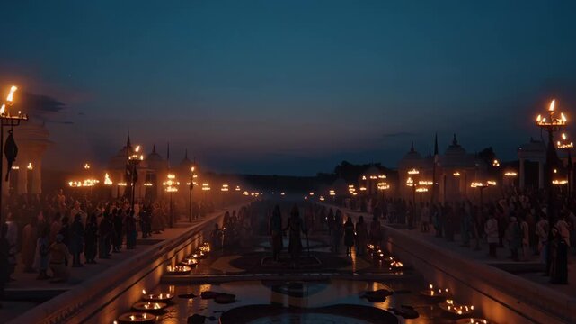 Serene Evening Scene of Traditional Hindu Temple with Illuminated Oil Lamps and Devotees Celebrating Ram Navami Festival at Dusk