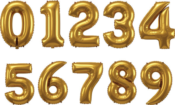 Gold foil balloon numbers set zero to nine for birthday party celebration decoration realistic vector illustration