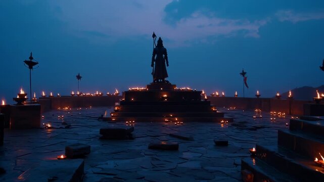Serene Evening at a Sacred Hindu Temple with a Prominent Lord Rama Statue and Illuminated Oil Lamps for Ram Navami Celebrations