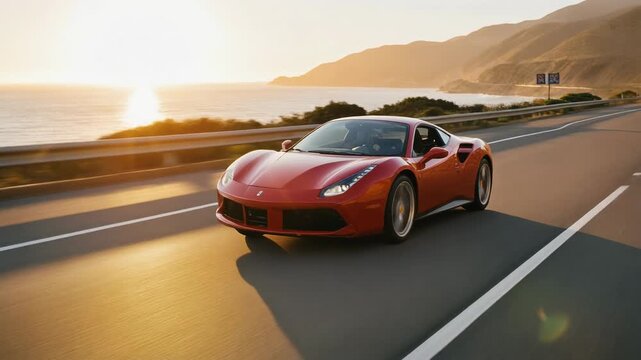 Red luxury sports car driving on coastal highway during sunset with scenic ocean and mountains
