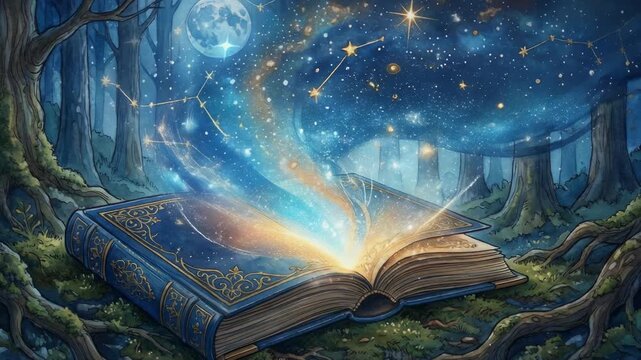 Magical open book with glowing stars and constellations rising in enchanted forest under full moon