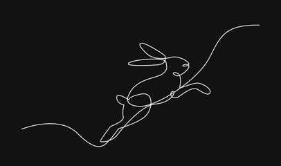 One continuous line art drawing of a jumping rabbit. Minimalist single line illustration of a leaping bunny on a black background.