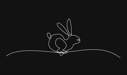 Minimalist Continuous One Line Art Drawing of a White Jumping Rabbit on a Black Background, Symbolizing Agility and Grace