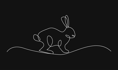 Minimalist Continuous Line Art Drawing of a White Rabbit or Hare Standing on a Black Background