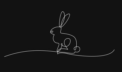 Minimalist Continuous Line Drawing of a Rabbit on a Black Background, Simple White Animal Art Illustration