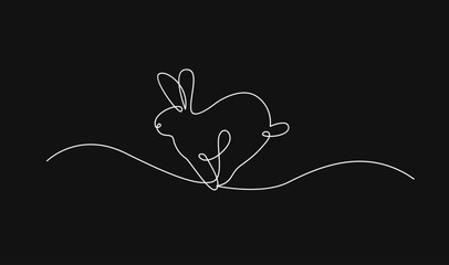 Continuous one line art drawing of a running rabbit or bunny on a wavy line against a black background. Simple vector illustration depicting motion and speed in a minimalist style.