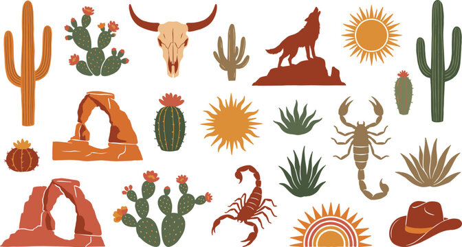 Southwestern Desert Scene with Cacti, Coyote, Skull, Arches, and Sun