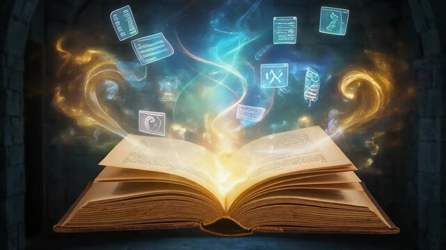 Open magical book with glowing symbols and light effects representing knowledge and fantasy concept