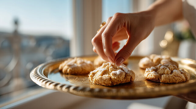 Close-up of faceless hands placing Kahk (powdered sugar cookies) on a vintage brass tray, Eid al-Fitr in Egypt, high ceiling apartment with classic moldings, soft morning sun, with