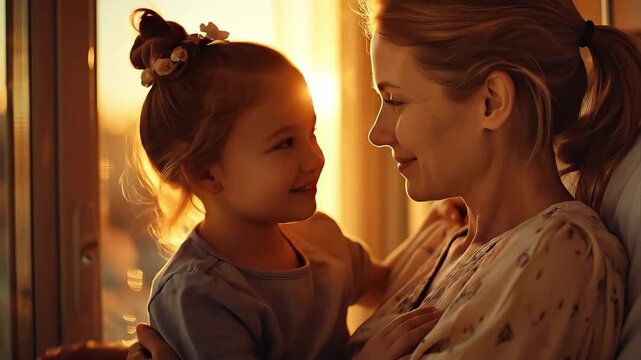 Rare Disease: caring mother embracing young daughter with rare condition, warm golden hour lighting through hospital window, gentle emotional moment
