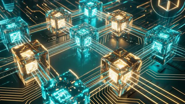Futuristic blockchain technology network with glowing digital cubes and interconnected data nodes concept