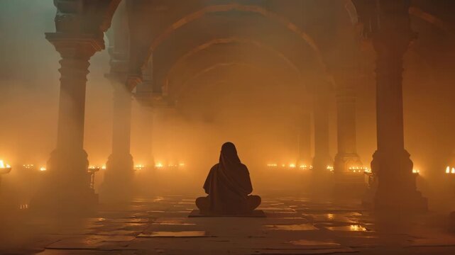Serene Devotee Meditating in Dimly Lit Temple Hall with Candlelight and Architectural Pillars for Spiritual and Religious Practices