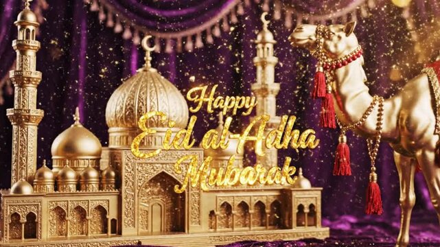 Golden Eid alAdha Mubarak scene with a mosque model camel statue against a purple backdrop with festive sparkle