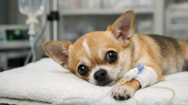 Sick chihuahua dog lying on hospital bed with IV drip in veterinary clinic receiving medical care and treatment