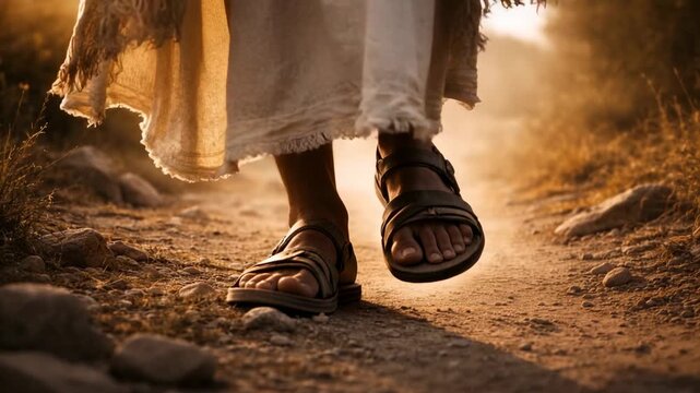Closeup of Jesus walking on dusty path in sandals with sunlight symbolizing faith journey and spiritual path