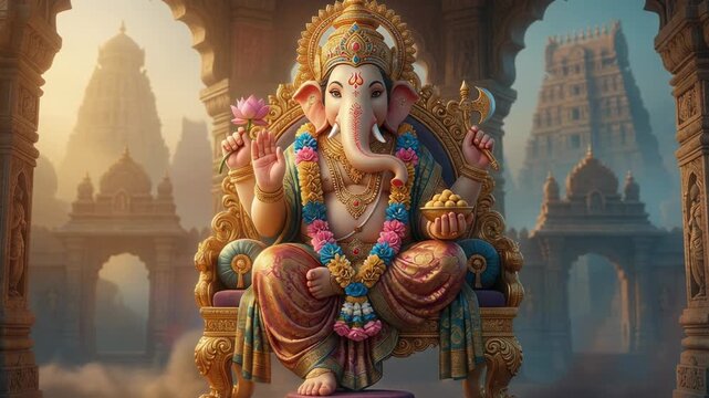 Beautiful detailed statue of Lord Ganesha sitting on ornate throne surrounded by ancient temple architecture