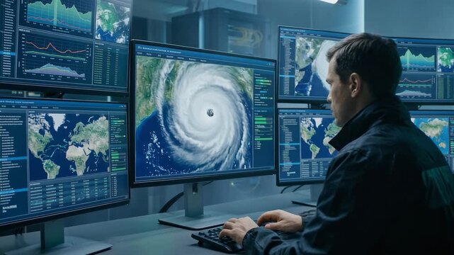 Man monitoring hurricane tracking and weather data on multiple computer screens in control room