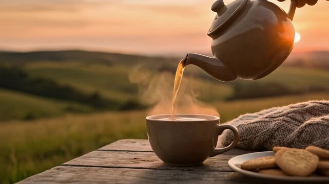 Cozy outdoor tea time with steaming teapot pouring into cup at sunset with cookies and knit blanket